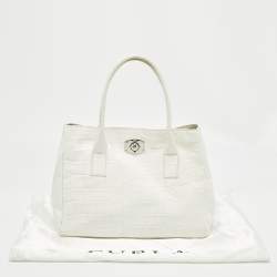 Furla White Croc Embossed Leather Turnlock Tote