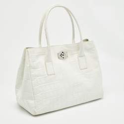 Furla White Croc Embossed Leather Turnlock Tote