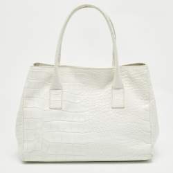 Furla White Croc Embossed Leather Turnlock Tote