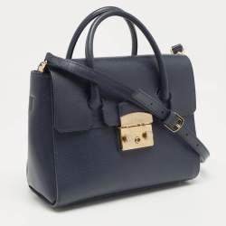 Pre Owned Furla Navy Blue Leather Small Metropolis Tote