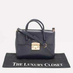 Pre Owned Furla Navy Blue Leather Small Metropolis Tote