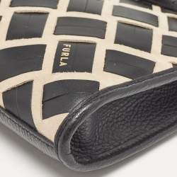 Pre Owned Furla Black/Beige Leather and Suede Woven Margherita Shoulder Bag
