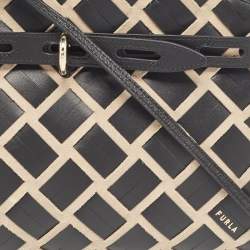 Pre Owned Furla Black/Beige Leather and Suede Woven Margherita Shoulder Bag
