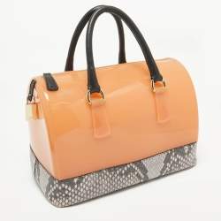 Furla Orange/Grey Rubber and Python Print Leather Medium Candy Satchel
