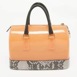 Furla Orange/Grey Rubber and Python Print Leather Medium Candy Satchel
