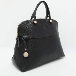 Pre Owned Furla Black Textured Leather Piper Dome Satchel