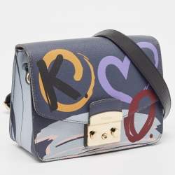 Furla Dark Grey Printed Leather Metropolis Shoulder Bag