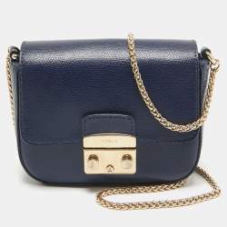 Furla Navy Blue Leather Mini Metropolis Chain Crossbody Bag