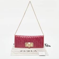 Furla Pink Woven Leather Turnlock Clutch