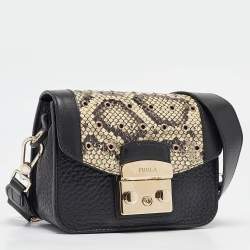 Furla Black/Beige Python Embossed and Leather Mni Metropolis Crossbody Bag