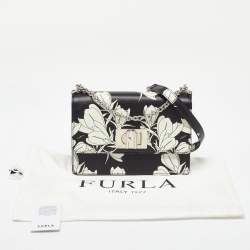 Pre Owned Furla Black/White Leather Floral Print 1927 Mini Crossbody Bag