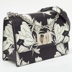 Pre Owned Furla Black/White Leather Floral Print 1927 Mini Crossbody Bag
