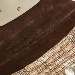 Pre Owned Furla Beige Lizard Embossed Leather Metal Lock Hobo