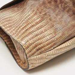 Pre Owned Furla Beige Lizard Embossed Leather Metal Lock Hobo