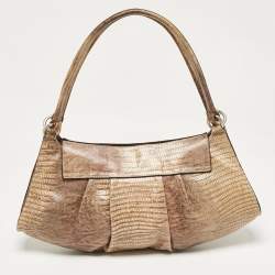 Pre Owned Furla Beige Lizard Embossed Leather Metal Lock Hobo