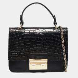 Furla Black Croc Embossed and Leather Mini Bella Top Handle Bag