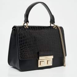 Furla Black Croc Embossed and Leather Mini Bella Top Handle Bag
