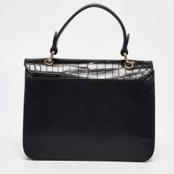 Furla Black Croc Embossed and Leather Mini Bella Top Handle Bag