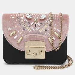 Pre Owned Furla Beige/Black Leather and Velvet Mini Metropolis Embellished Crossbody Bag