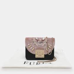 Pre Owned Furla Beige/Black Leather and Velvet Mini Metropolis Embellished Crossbody Bag