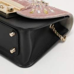 Pre Owned Furla Beige/Black Leather and Velvet Mini Metropolis Embellished Crossbody Bag
