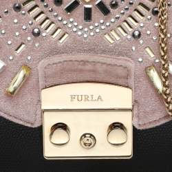 Pre Owned Furla Beige/Black Leather and Velvet Mini Metropolis Embellished Crossbody Bag