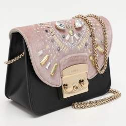 Pre Owned Furla Beige/Black Leather and Velvet Mini Metropolis Embellished Crossbody Bag