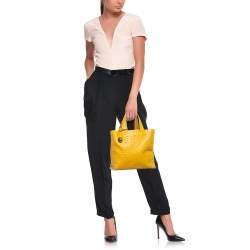 Furla Mustard Ostrich Embossed Leather Divide It Tote