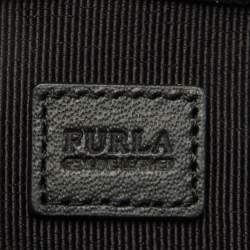 Furla Black Leather Floral Handle Flat Zip Pouch Clutch