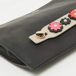 Furla Black Leather Floral Handle Flat Zip Pouch Clutch