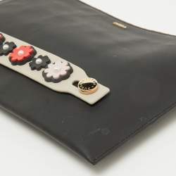 Furla Black Leather Floral Handle Flat Zip Pouch Clutch
