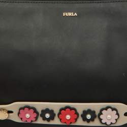 Furla Black Leather Floral Handle Flat Zip Pouch Clutch