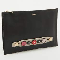 Furla Black Leather Floral Handle Flat Zip Pouch Clutch