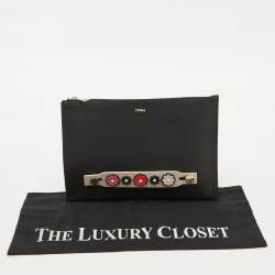 Furla Black Leather Floral Handle Flat Zip Pouch Clutch