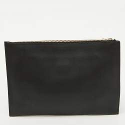 Furla Black Leather Floral Handle Flat Zip Pouch Clutch