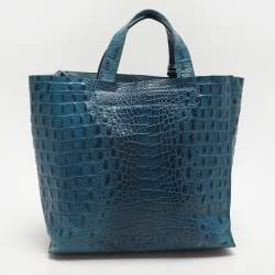 Furla Blue Croc Embossed Leather Divide It Tote