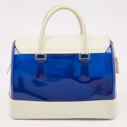 Furla Blue/White Rubber and Leather Candy Flap Satchel