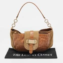 Furla Brown/Tan Croc Embossed Leather and Suede Flap Hobo
