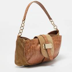 Furla Brown/Tan Croc Embossed Leather and Suede Flap Hobo