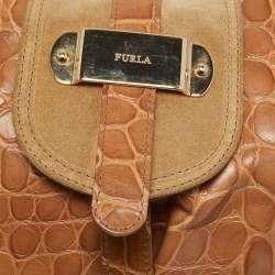 Furla Brown/Tan Croc Embossed Leather and Suede Flap Hobo