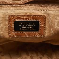 Furla Brown/Tan Croc Embossed Leather and Suede Flap Hobo