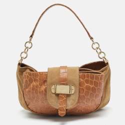 Furla Brown/Tan Croc Embossed Leather and Suede Flap Hobo