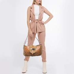 Furla Brown/Tan Croc Embossed Leather and Suede Flap Hobo