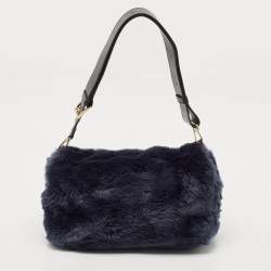 Pre Owned Furla Dark Blue Faux Fur Caos Shoulder Bag