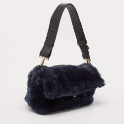 Pre Owned Furla Dark Blue Faux Fur Caos Shoulder Bag