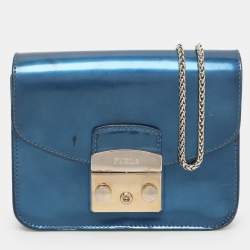 Furla Blue Patent Leather Mini Metropolis Crossbody Bag