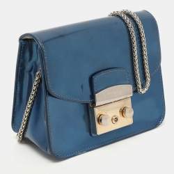Furla Blue Patent Leather Mini Metropolis Crossbody Bag