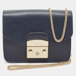 Furla Navy Blue Leather Mini Metropolis Crossbody Bag