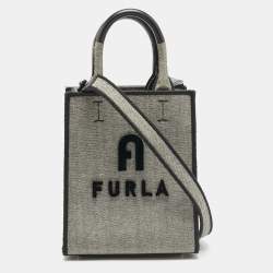 Furla Grey/Black Canvas and Leather Mini Varsity Style Tote