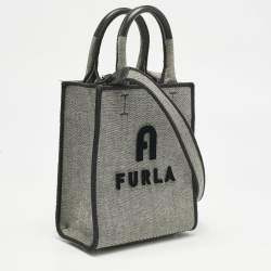 Furla Grey/Black Canvas and Leather Mini Varsity Style Tote